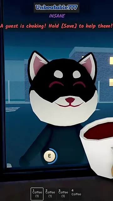 Head Banger anomaly prompting a guest choke save with a Coffee button in Animal Restaurant Roblox