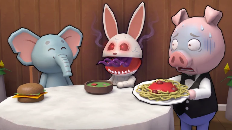 Red-eyed animal anomaly facing the player across a restaurant table