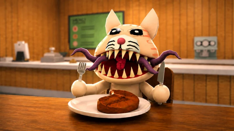 Restaurant worker warning the player while an anomaly waits at a table